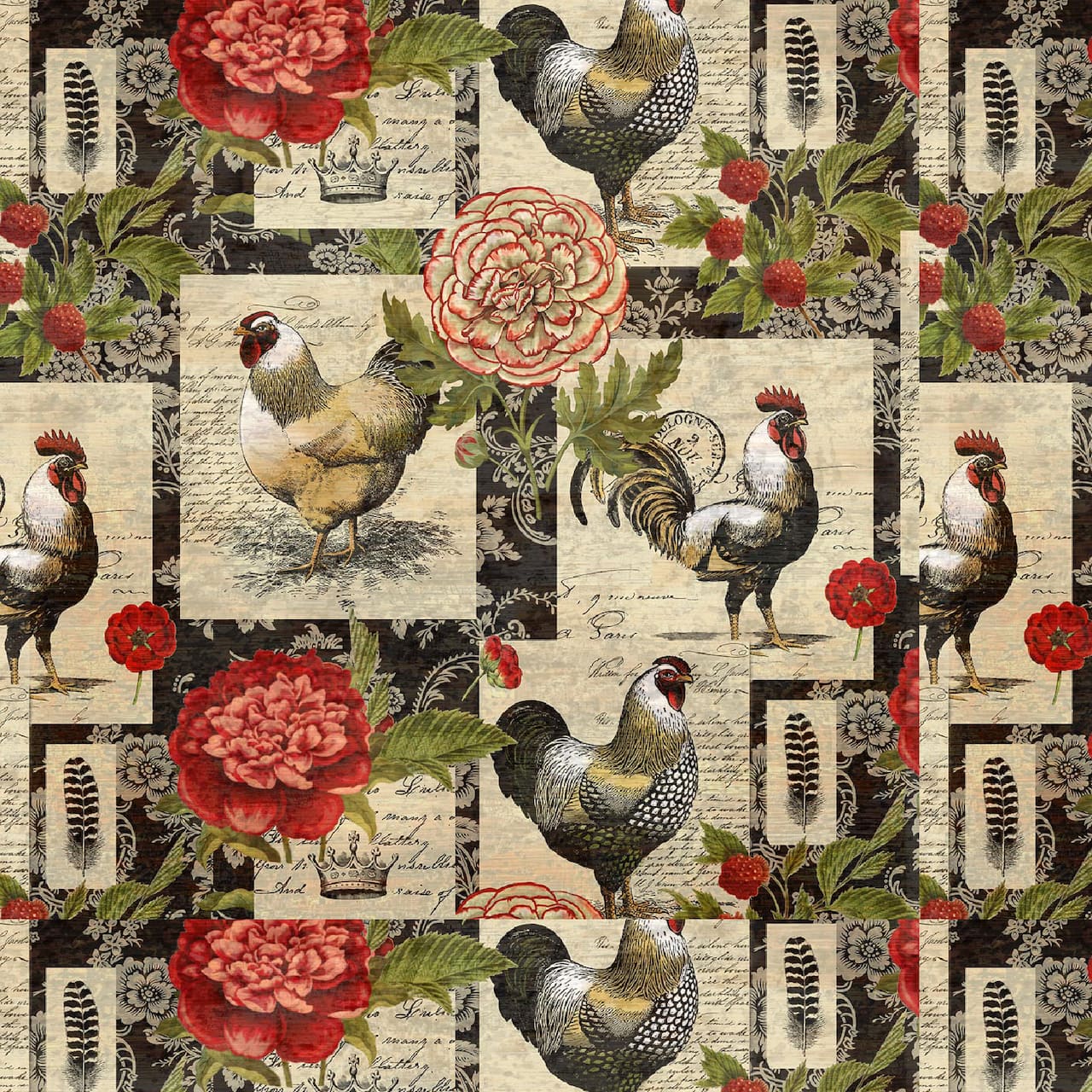 Springs Creative French Rooster Multicolored Floral Patch Cotton Fabric